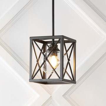 Amara 8" Industrial Farmhouse Iron/Glass LED Pendant - JONATHAN Y